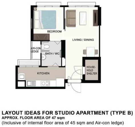 HDB floor plan of a Studio (Type B) flat at MacPherson Spring, about 47 sqm