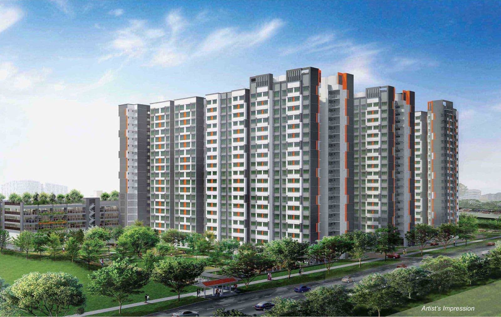 Artist’s impression of MacPherson Spring: grey and white 19-storey HDB blocks with orange accents above a tree-lined road and a park