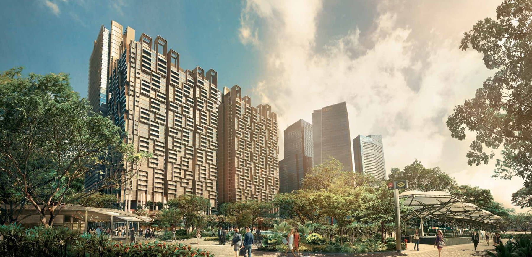 Marina One Residences: the two residential towers seen from the park, with the Marina Bay office towers behind