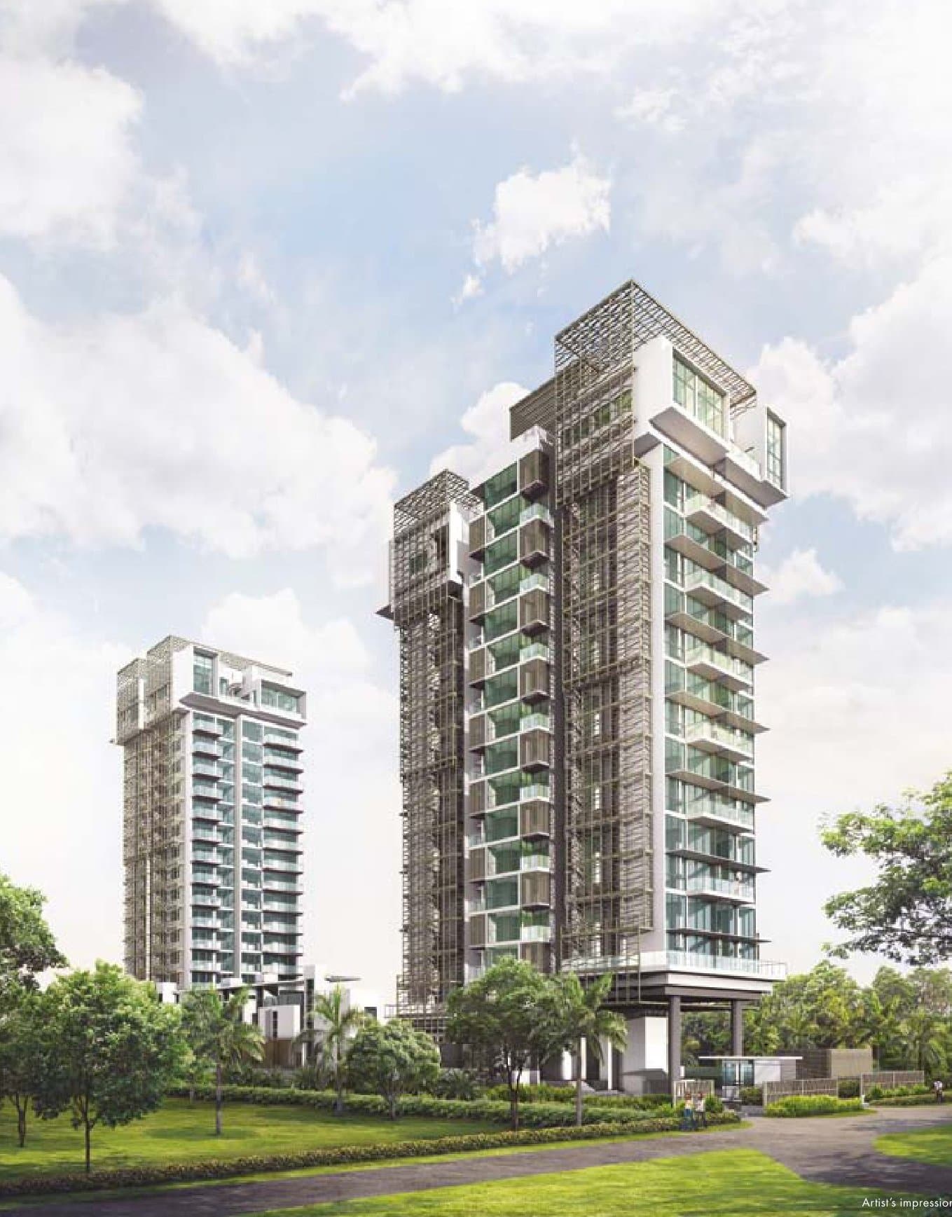 Marine Blue: the two towers with their timber-look screens above the gardens on Marine Parade Road