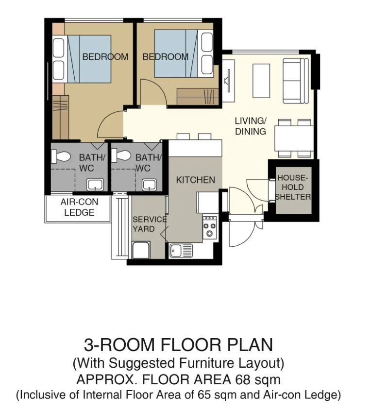HDB floor plan of a 3-room flat at Melody Spring @ Yishun, about 68 sqm