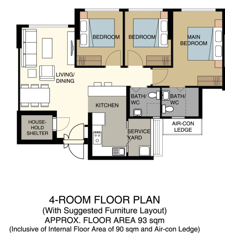 HDB floor plan of a 4-room flat at Melody Spring @ Yishun, about 93 sqm