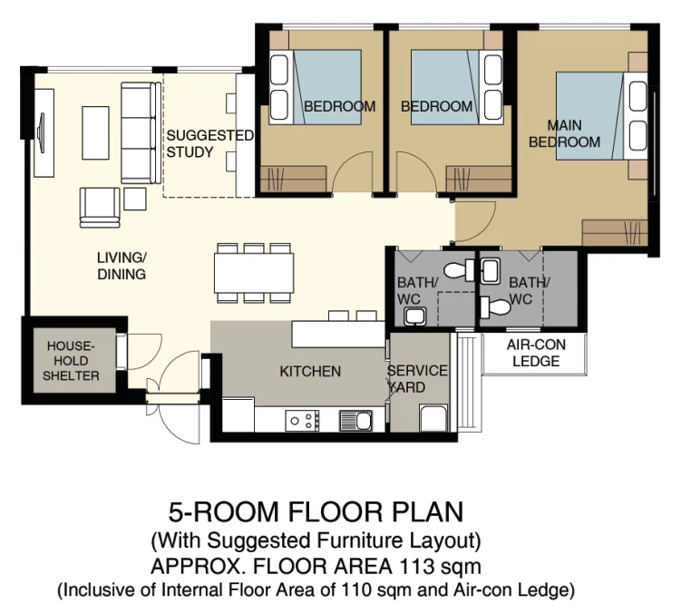 HDB floor plan of a 5-room flat at Melody Spring @ Yishun, about 113 sqm