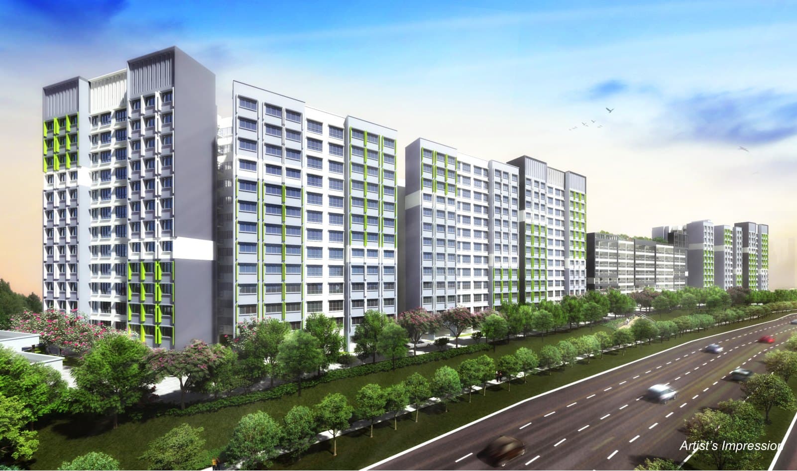 Artist’s impression of Melody Spring @ Yishun: 13-storey white HDB blocks with green panels, seen across a tree-lined road