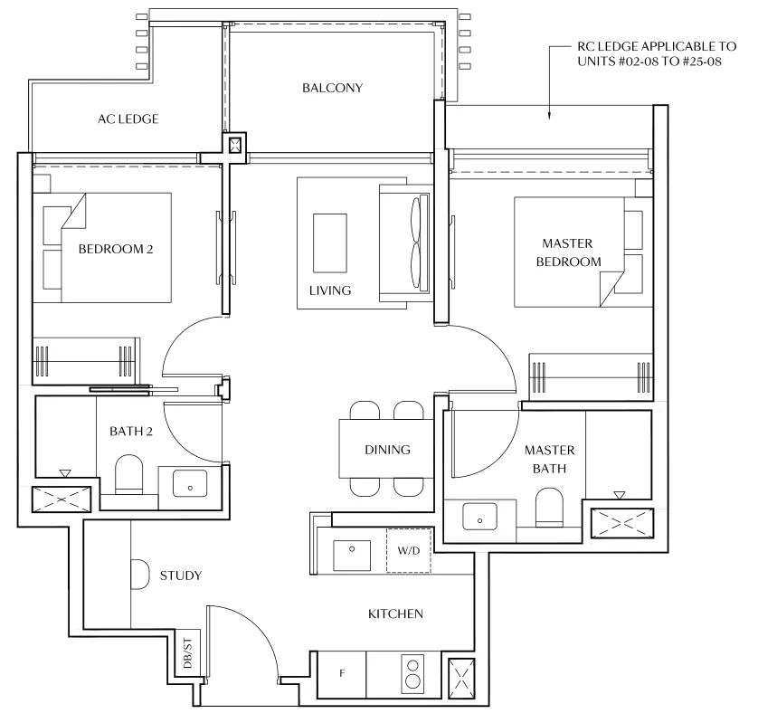 Floor plan of Meyer Blue type BPS1, 2-Bedroom Premium + Study, 710 sq ft