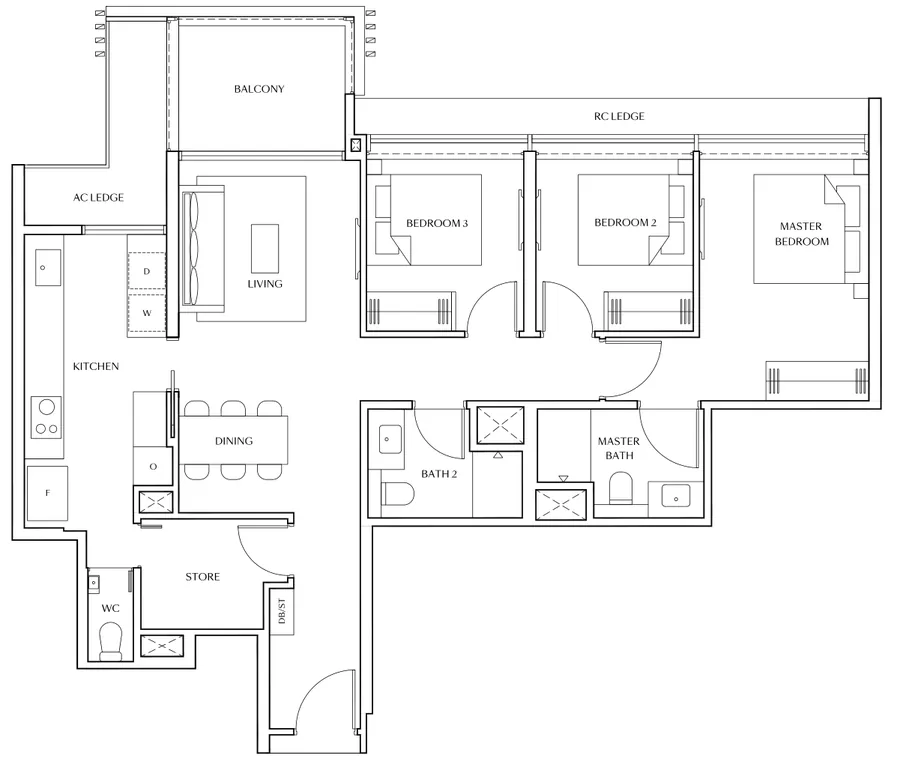 Floor plan of Meyer Blue type CP1, 3-Bedroom Premium, 1,141 sq ft