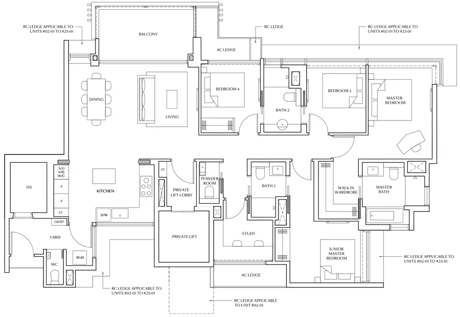 Floor plan of Meyer Blue type DPS1, 4-Bedroom Premium + Study (with Private Lift), 1,733 sq ft