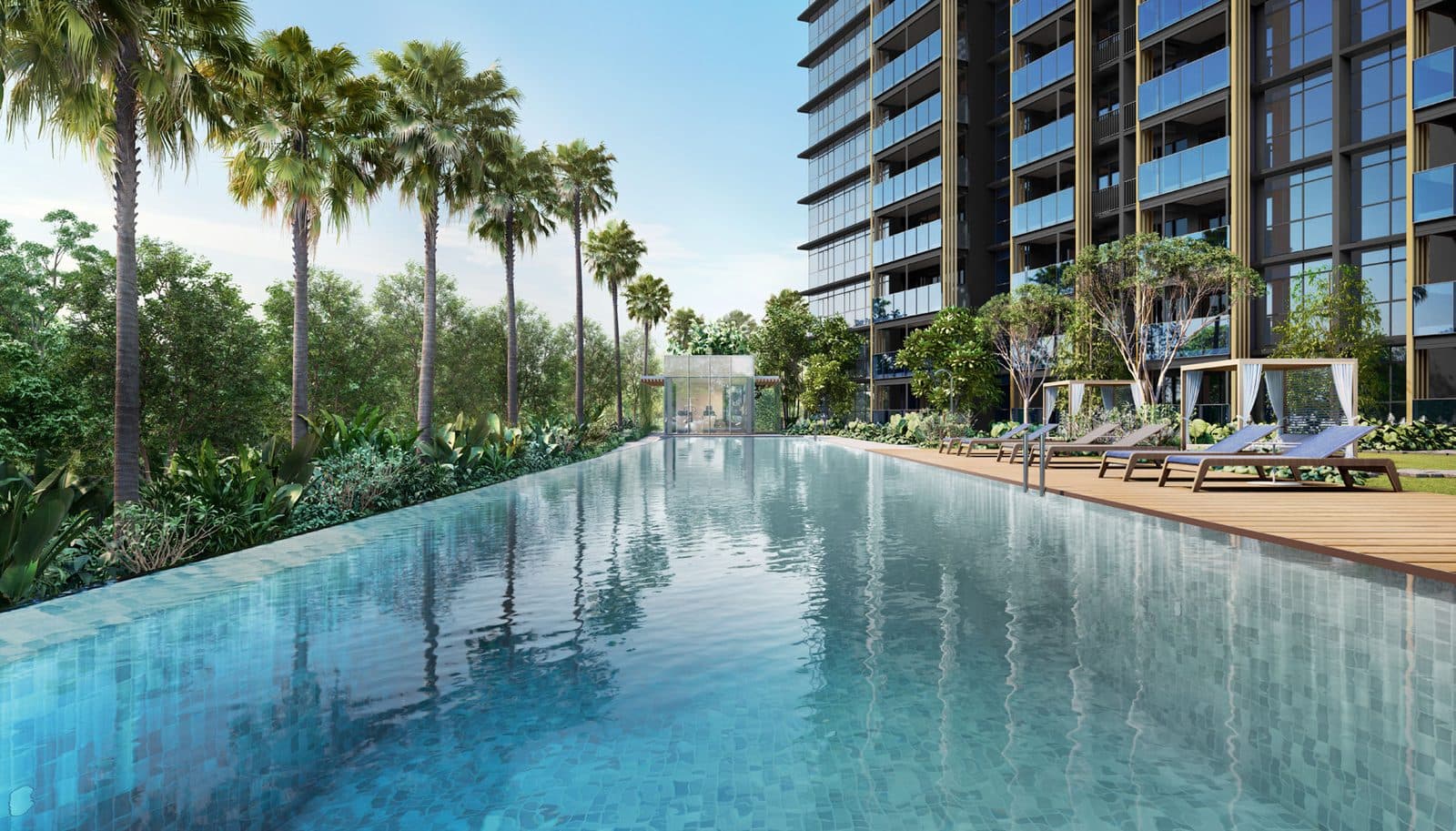 Artist's impression of Meyer Blue: the 40 m lap pool lined with palms and sun loungers, with the tower's glazed balconies rising behind