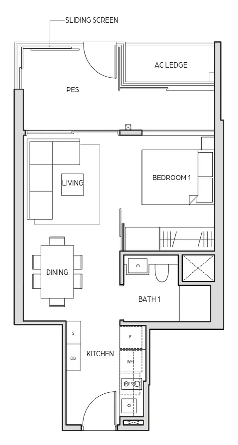Floor plan of Midtown Bay type A1-G, 1 Bedroom, 517 sq ft