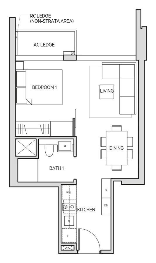 Floor plan of Midtown Bay type A1a, 1 Bedroom, 409 sq ft