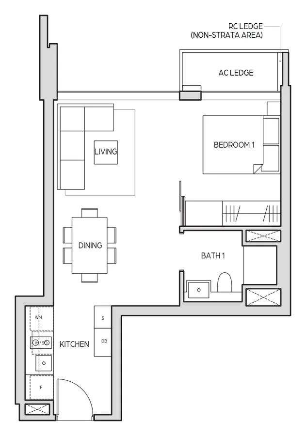 Floor plan of Midtown Bay type A3, 1 Bedroom, 463 sq ft