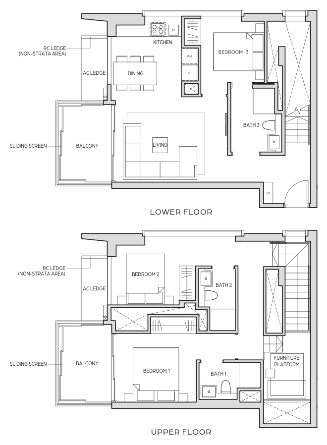 Floor plan of Midtown Bay type B1-DP, 3 Bedroom Duplex, 1,324 sq ft