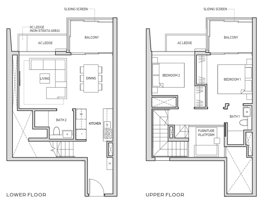 Floor plan of Midtown Bay type B2-DP, 2 Bedroom Duplex, 1,130 sq ft