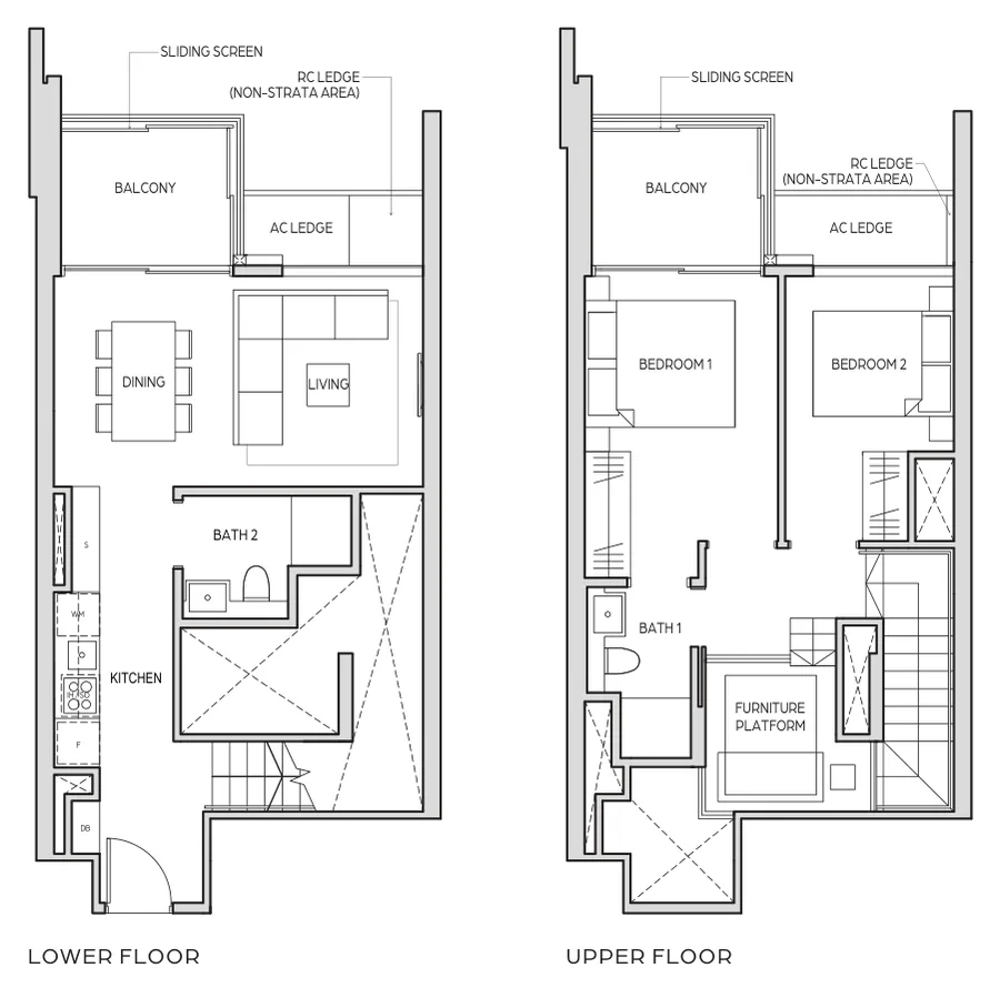 Floor plan of Midtown Bay type B4-DP, 2 Bedroom Duplex, 1,033 sq ft