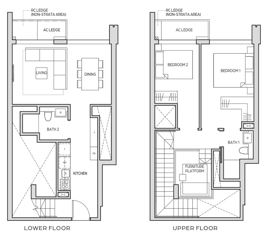 Floor plan of Midtown Bay type B5-DP, 2 Bedroom Duplex, 990 sq ft