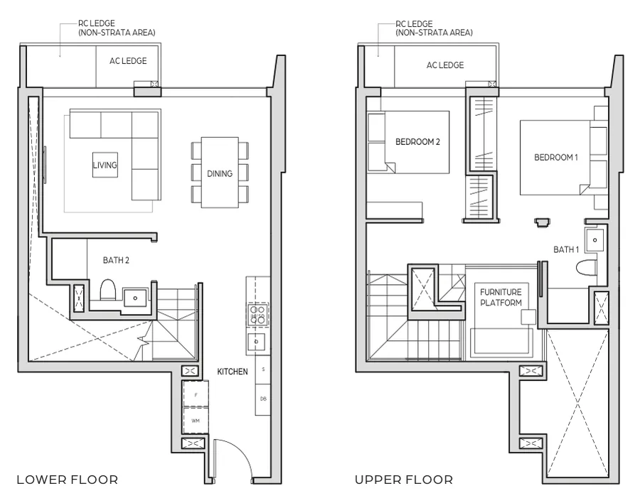 Floor plan of Midtown Bay type B6a-DP, 2 Bedroom Duplex, 1,012 sq ft