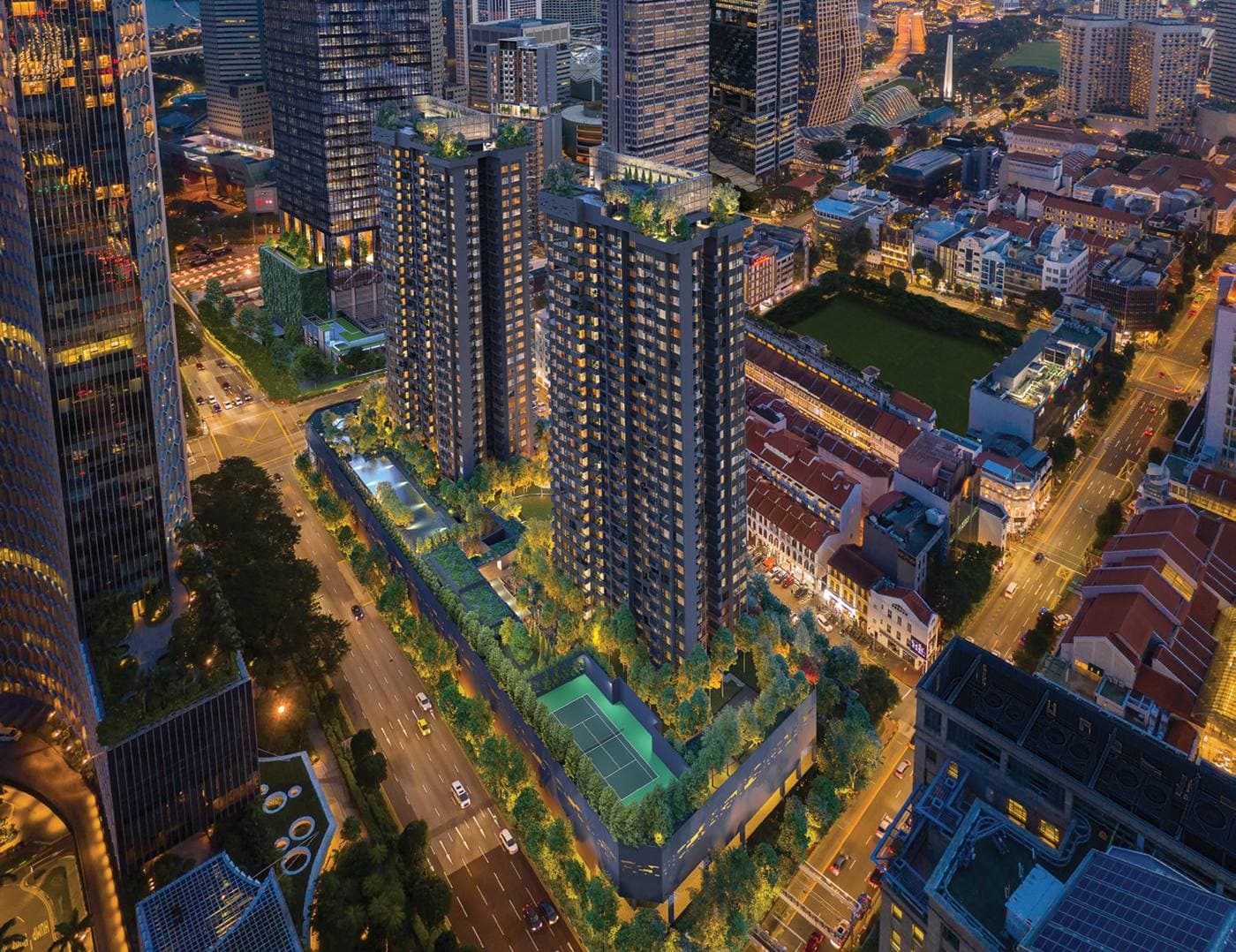 Artist's impression of Midtown Modern at dusk from the air: two brick-toned 30-storey towers with roof gardens over a long podium of trees, a lap pool and a tennis court, between Rochor Road and the shophouses of Tan Quee Lan Street, with the Guoco Midtown office tower and Marina Bay behind