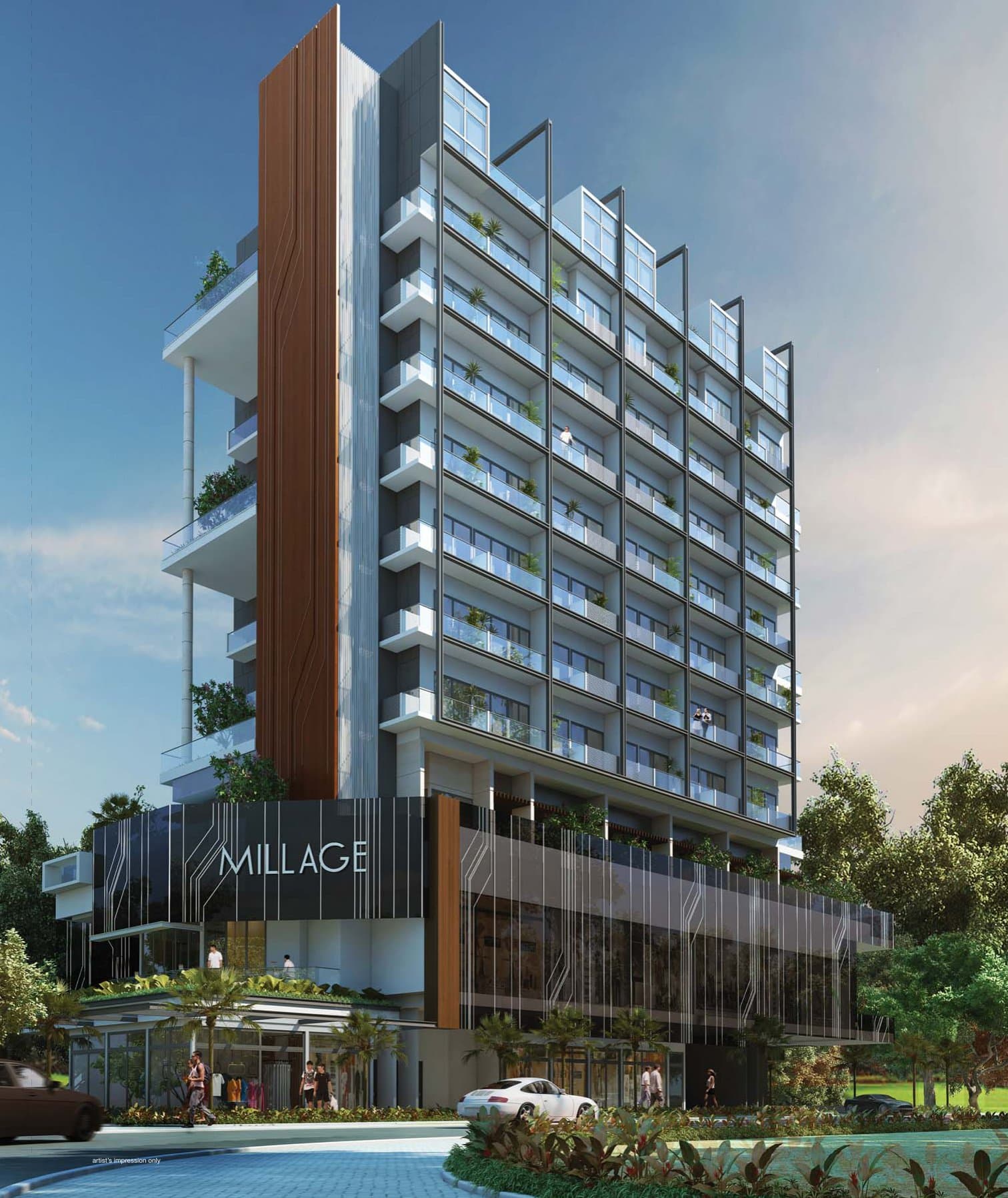 Millage: a ten-storey tower over a glass-fronted shop podium on Changi Road
