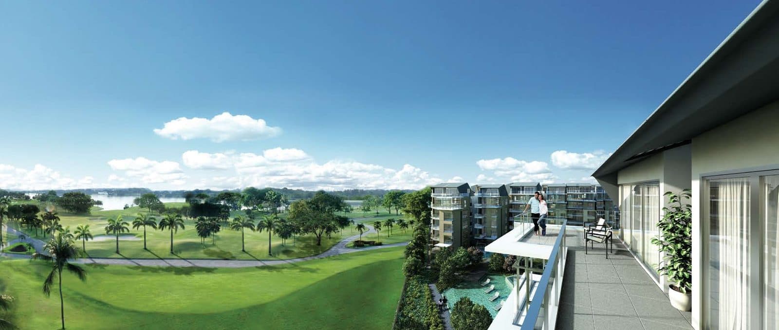 Artist's impression of The Miltonia Residences: 5-storey blocks beside the Orchid Country Club golf course, with Lower Seletar Reservoir beyond