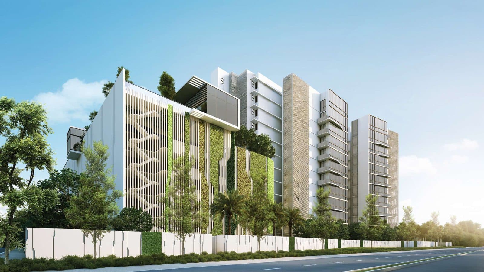 Artist's impression of My Manhattan from Simei Street 3: 12-storey towers behind a green wall and a white boundary wall
