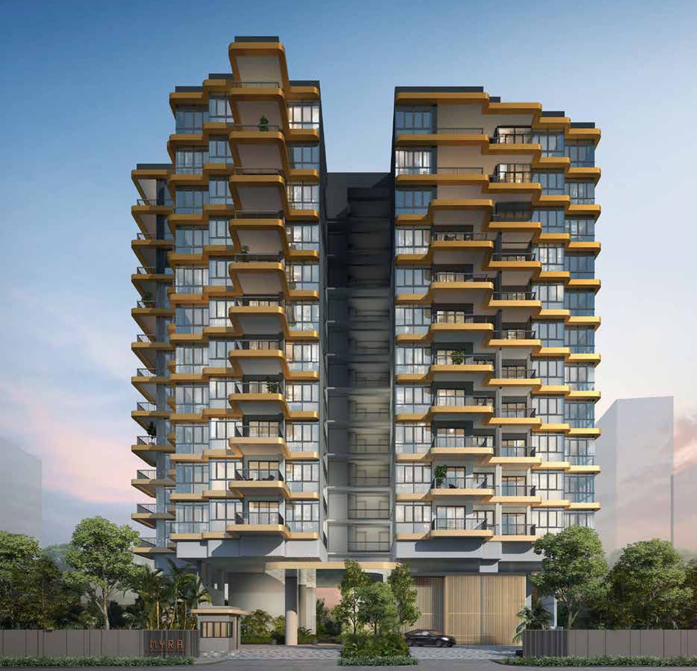 Artist's impression of Myra from Meyappa Chettiar Road: one 12-storey block in two wings with banded balconies, raised on tall columns over the arrival court