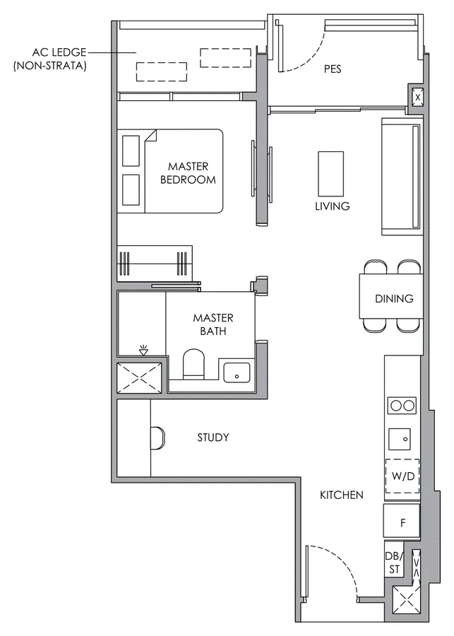 Floor plan of Narra Residences type A1S, 1-Bedroom with Study, 517 sq ft