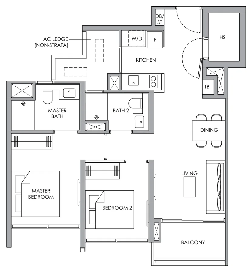 Floor plan of Narra Residences type B5H, 2-Bedroom with HS, 700 sq ft