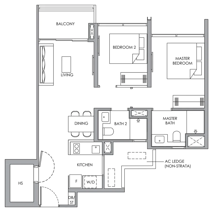Floor plan of Narra Residences type B6H, 2-Bedroom with HS, 700 sq ft