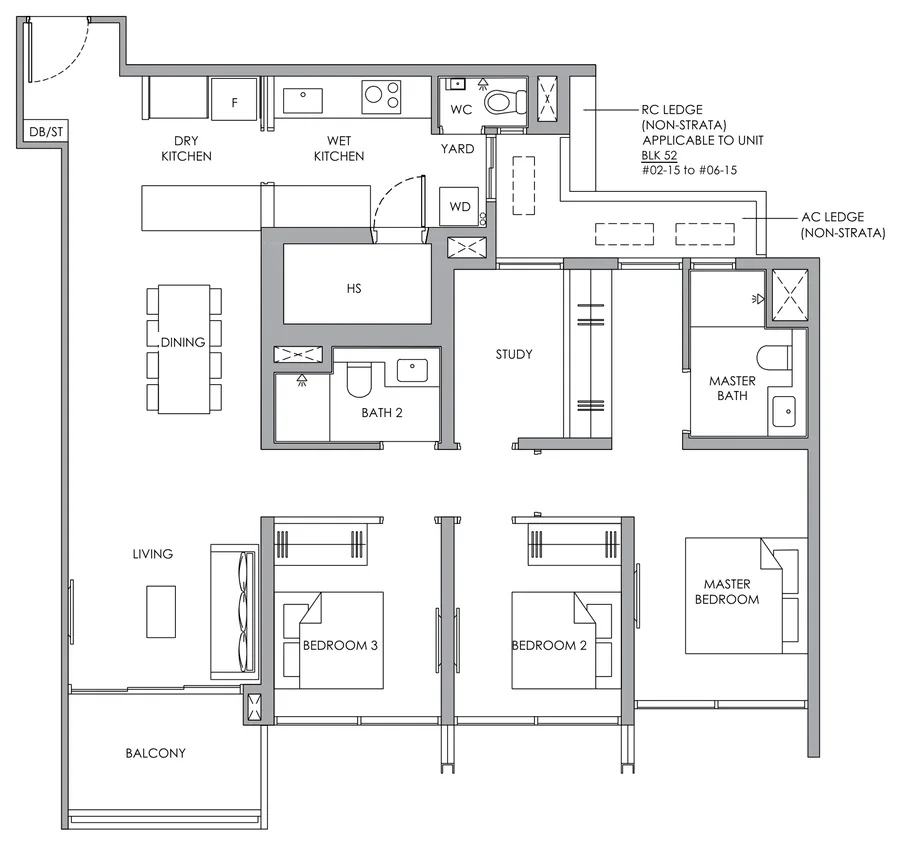 Floor plan of Narra Residences type C10S, 3-Bedroom with Study, 1,173 sq ft