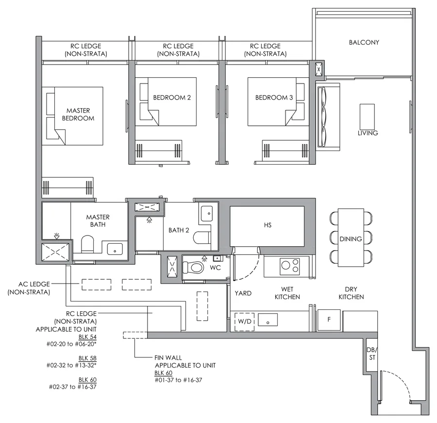 Floor plan of Narra Residences type C5P, 3-Bedroom Premium, 1,023 sq ft