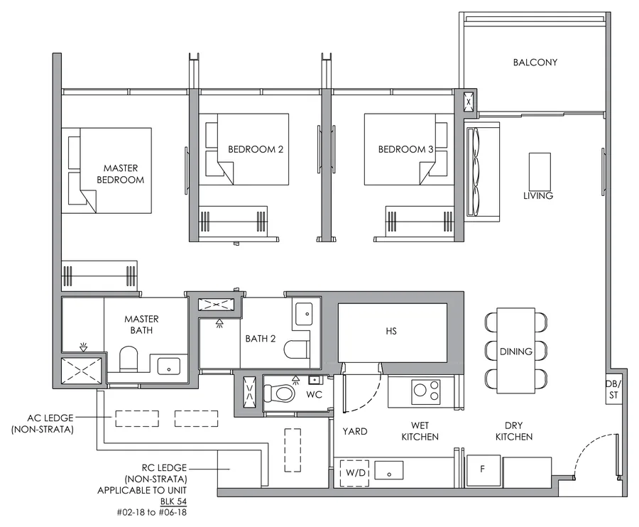 Floor plan of Narra Residences type C6P, 3-Bedroom Premium, 990 sq ft