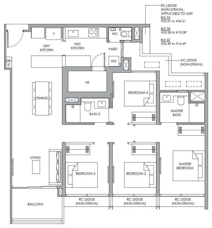 Floor plan of Narra Residences type D1, 4-Bedroom Compact, 1,152 sq ft
