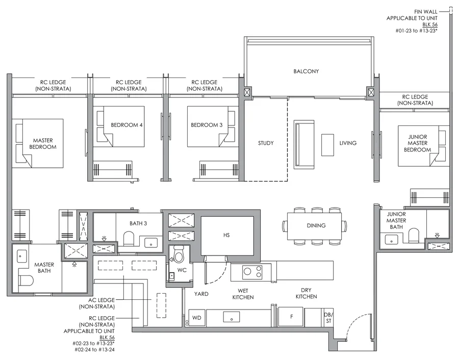 Floor plan of Narra Residences type D2P, 4-Bedroom Premium, 1,378 sq ft