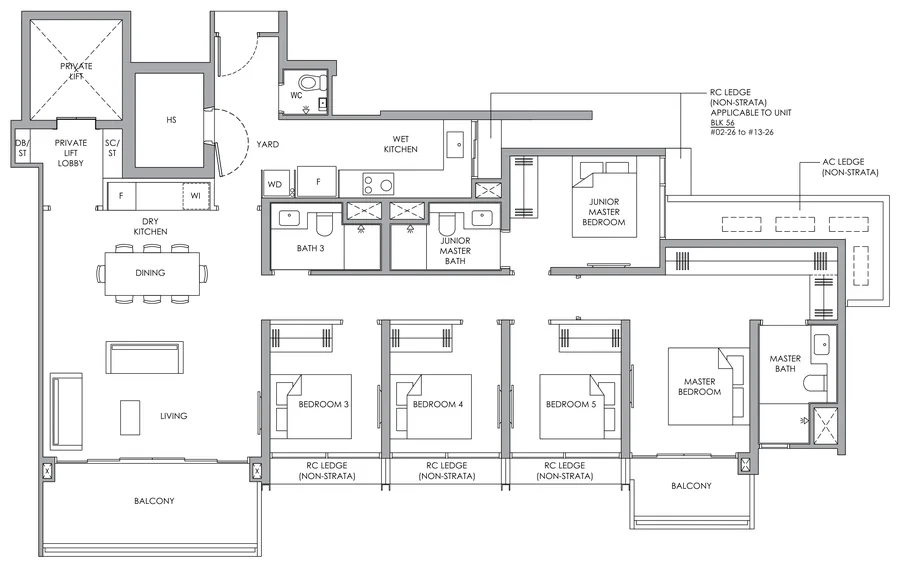 Floor plan of Narra Residences type E1, 5-Bedroom with Private Lift, 1,658 sq ft