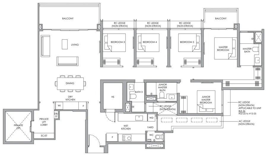 Floor plan of Narra Residences type E2, 5-Bedroom with Private Lift, 1,679 sq ft