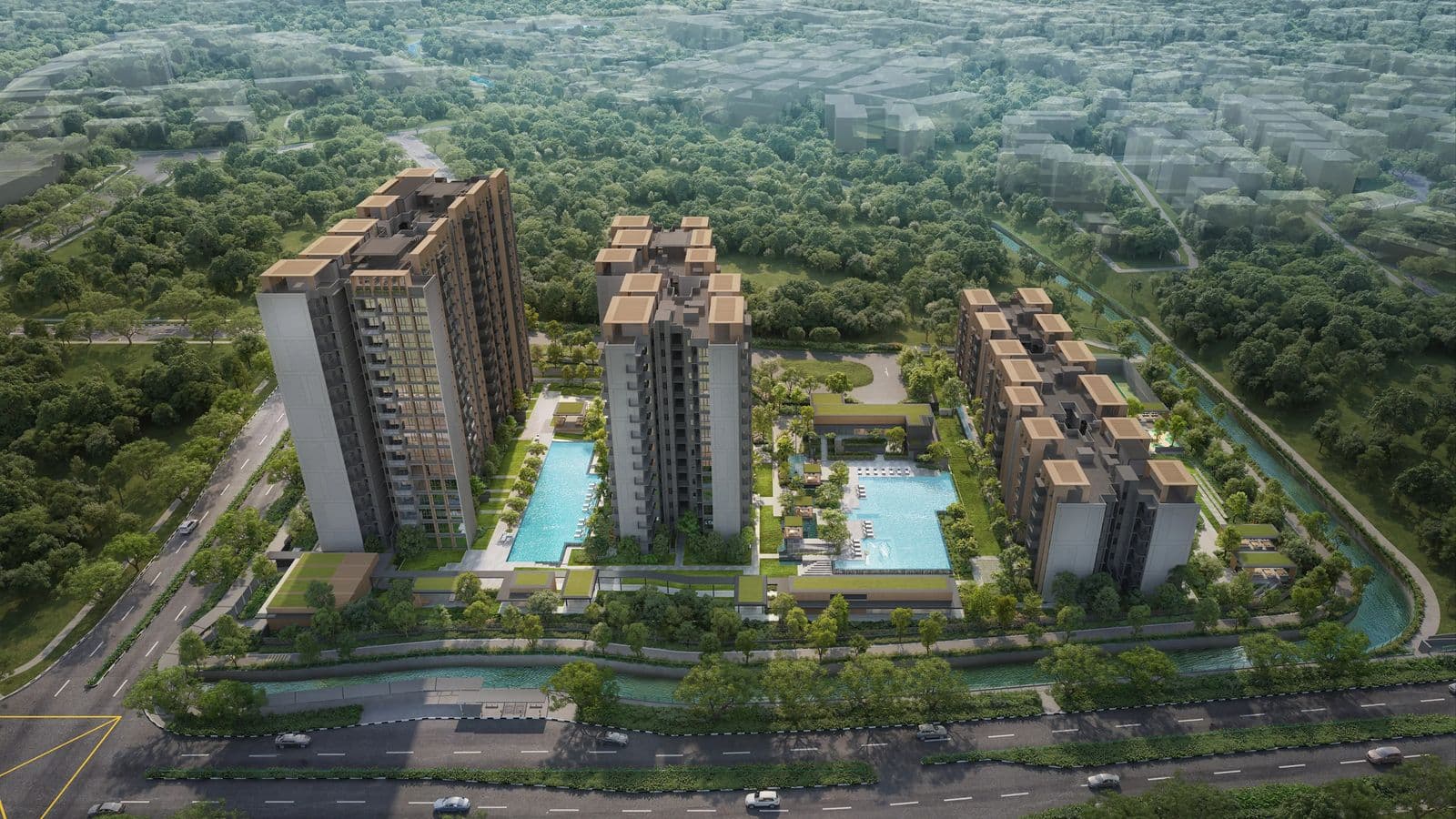 Artist's impression of Narra Residences from the air: the seven blocks, the two pools and the canal along Petir Road, with forest behind