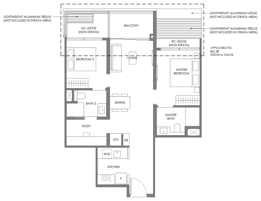 Floor plan of Nava Grove type BS, 2-Bedroom + Study, 786 sq ft
