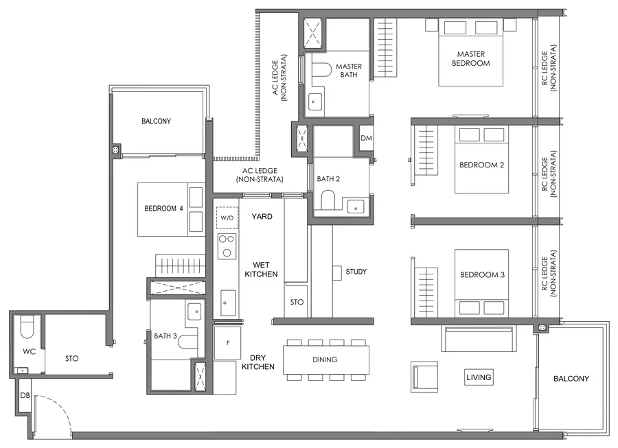 Floor plan of Nava Grove type DS, 4-Bedroom + Study, 1,464 sq ft
