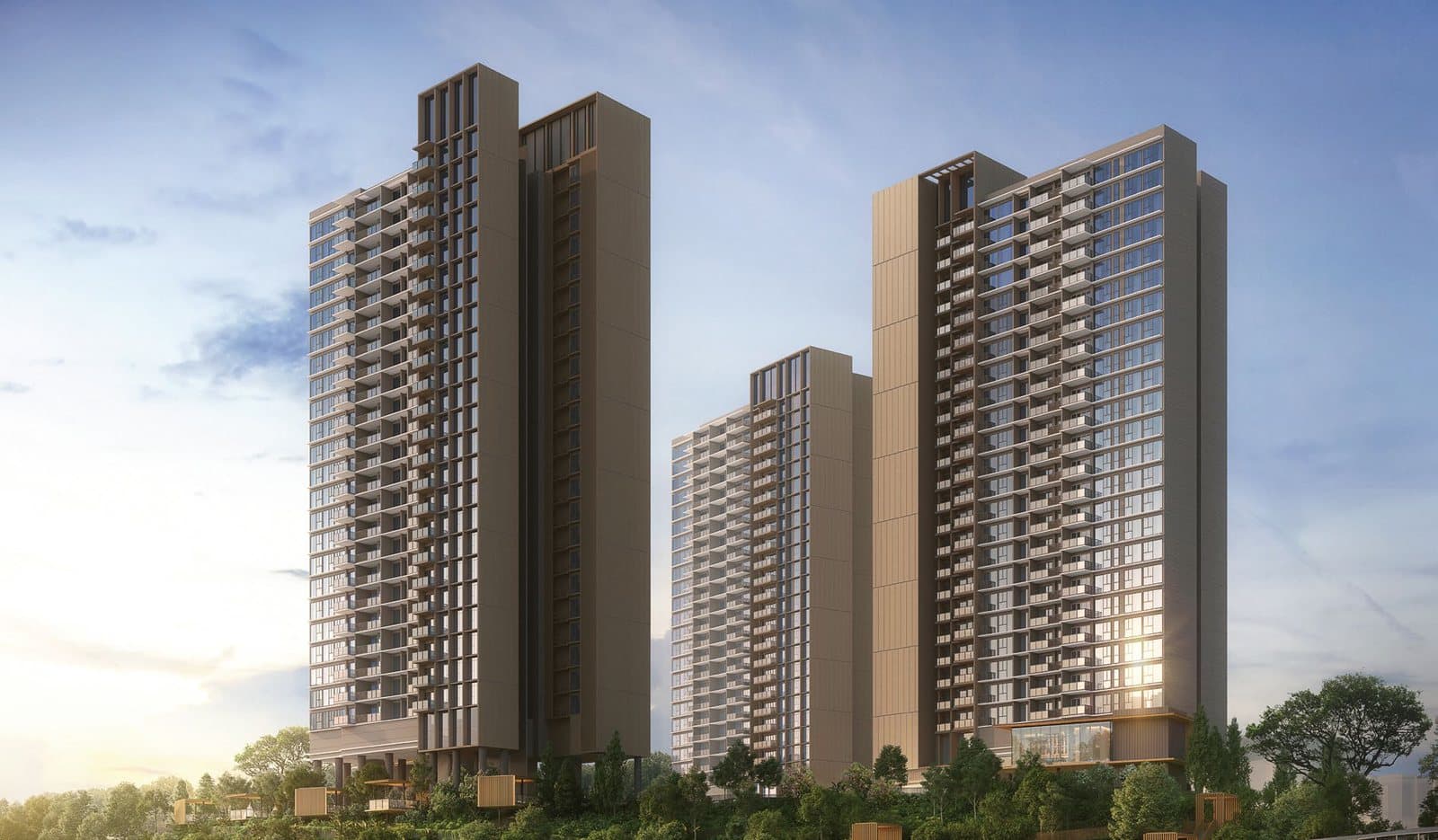 Artist's impression of the three 24-storey towers of Nava Grove above the trees of its hillside site