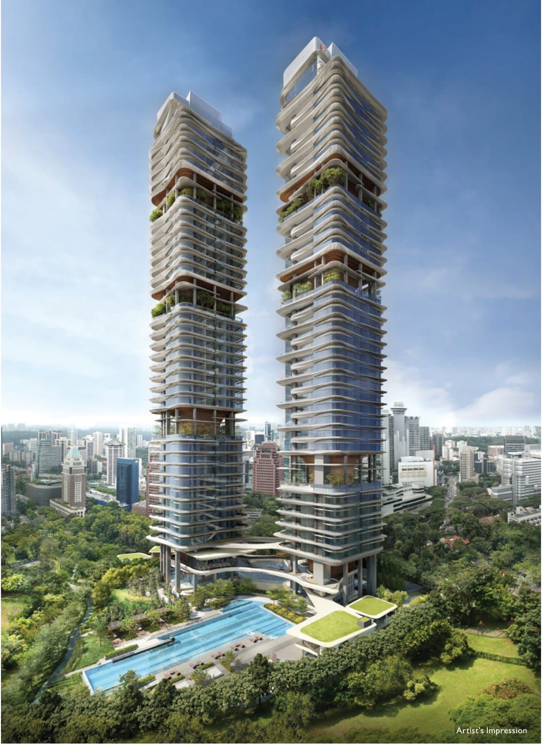 New Futura: the two towers with their curved white balcony fins and sky gardens, the pool at their foot