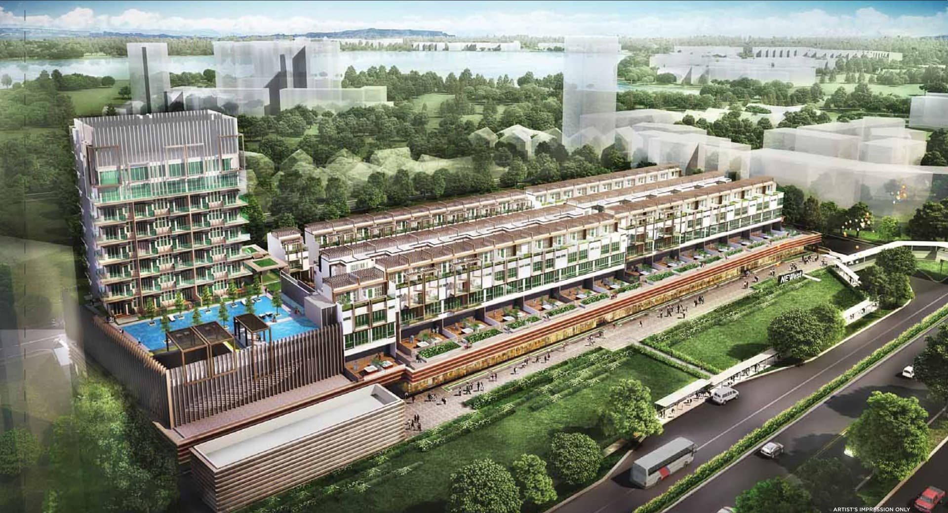 NEWest from the air: three rows of triplex terraces over the shops along West Coast Drive, with the tower and pools at the end