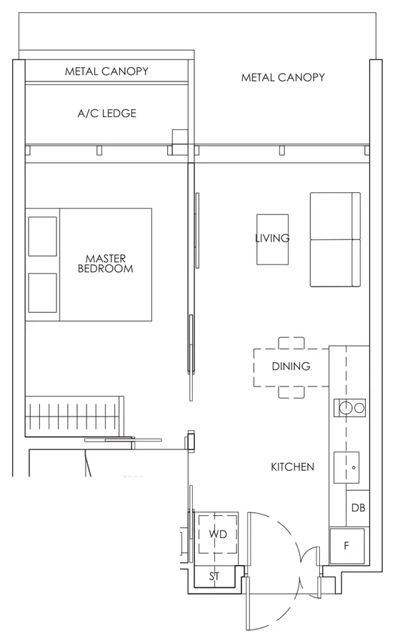 Floor plan of Newport Residences type A2, 1-Bedroom, 452 sq ft