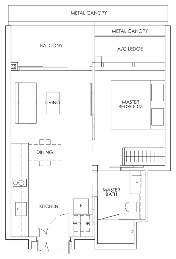 Floor plan of Newport Residences type A3, 1-Bedroom, 474 sq ft