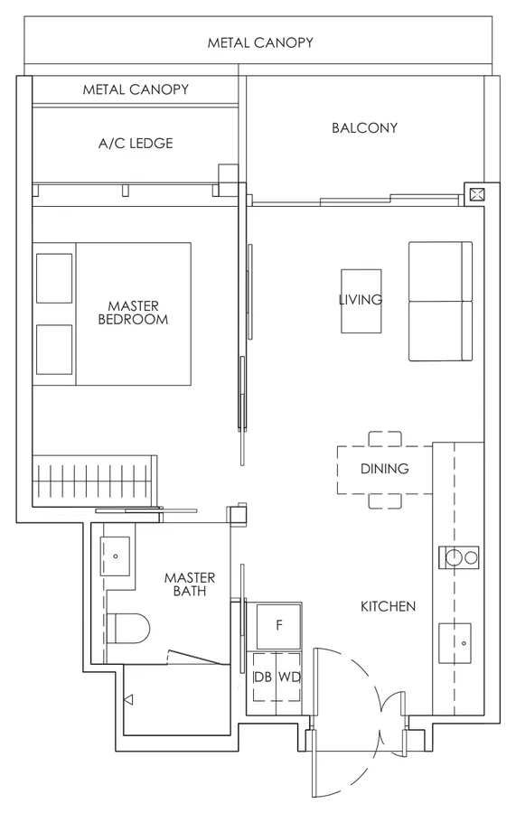 Floor plan of Newport Residences type A4, 1-Bedroom, 495 sq ft