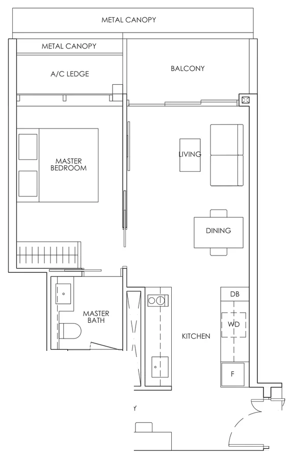 Floor plan of Newport Residences type AS1, 1-Bedroom + Study, 581 sq ft