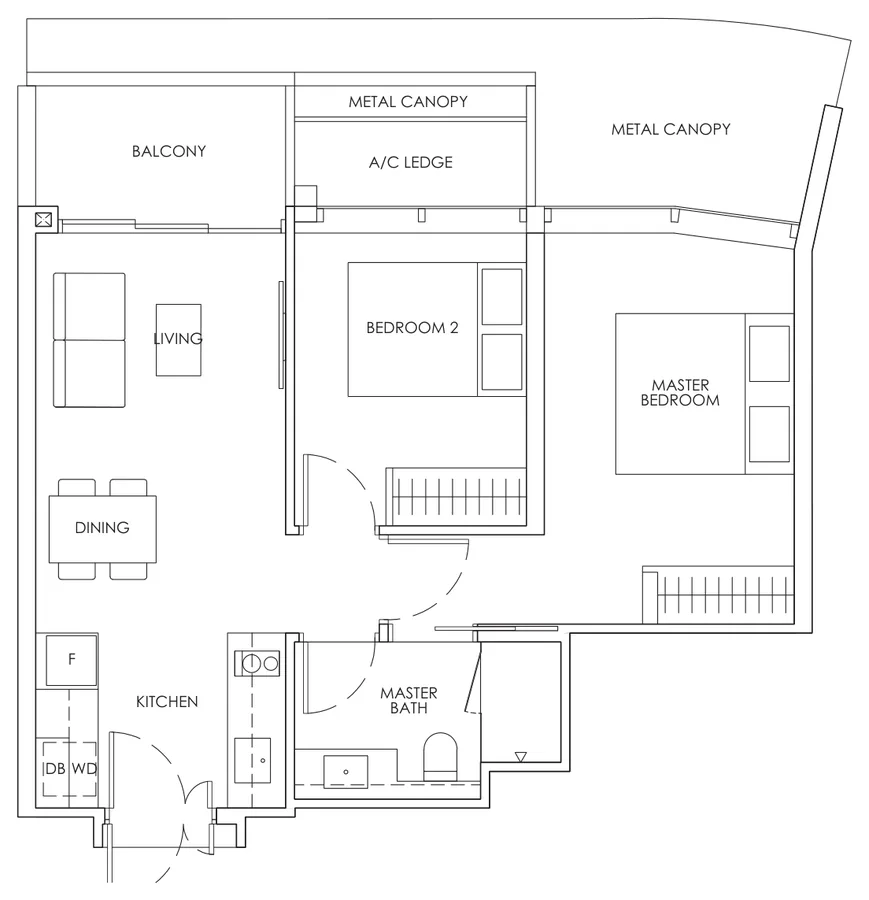 Floor plan of Newport Residences type B1, 2-Bedroom, 646 sq ft