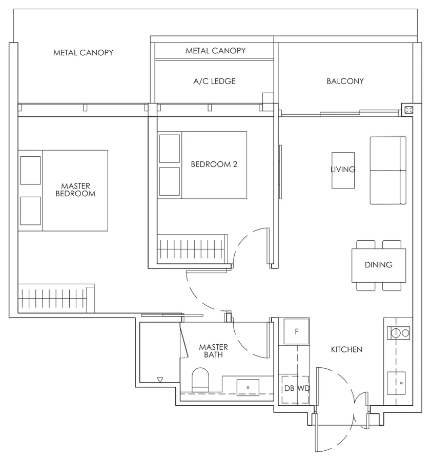 Floor plan of Newport Residences type B2, 2-Bedroom, 678 sq ft