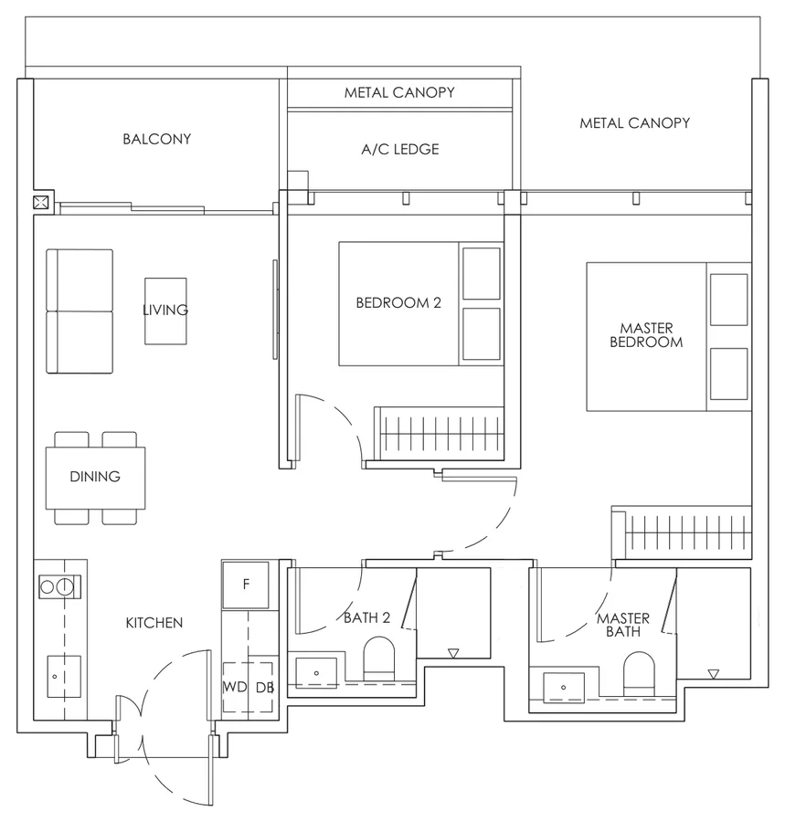 Floor plan of Newport Residences type BP1, 2-Bedroom Premium, 689 sq ft
