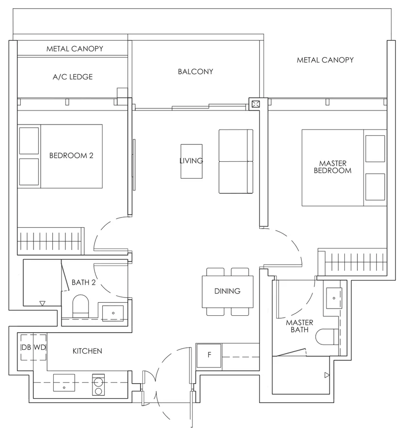 Floor plan of Newport Residences type BP2, 2-Bedroom Premium, 710 sq ft