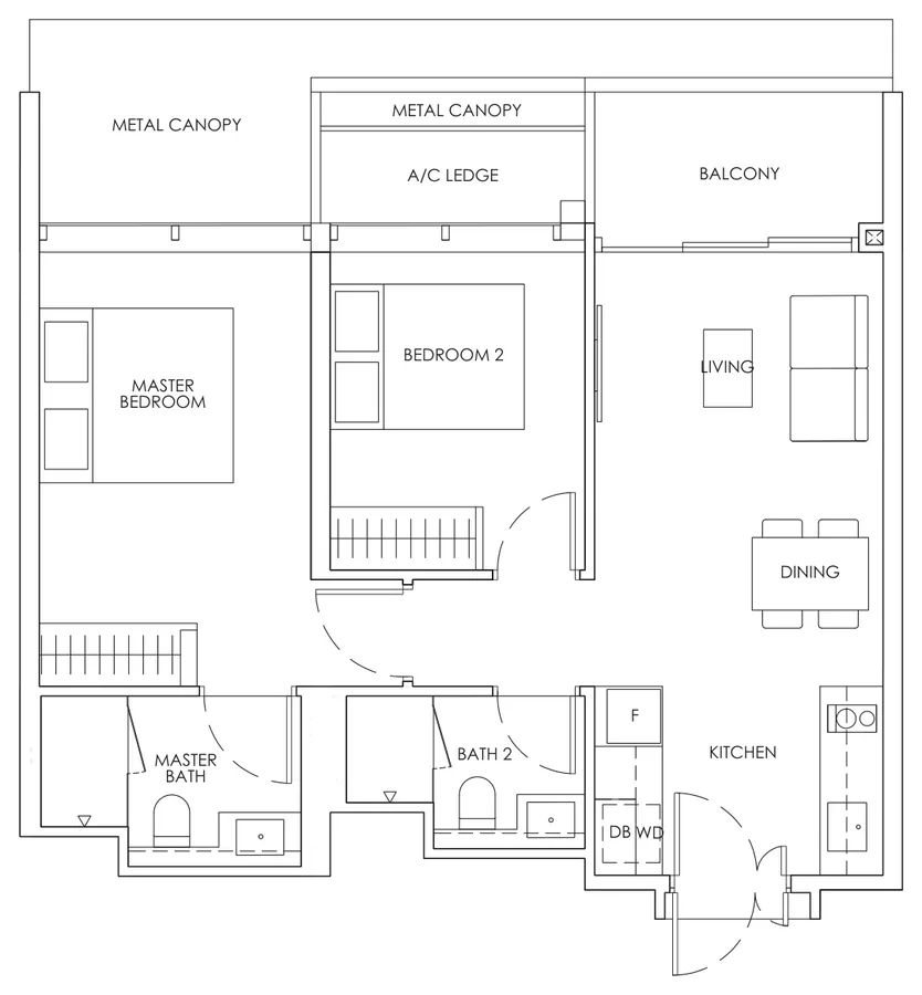 Floor plan of Newport Residences type BP3, 2-Bedroom Premium, 710 sq ft